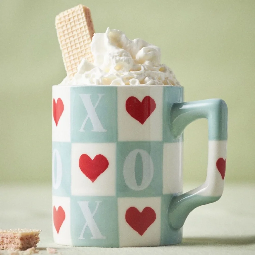 Anthropologie Checkered Mug with Red Hearts & Mint Handle